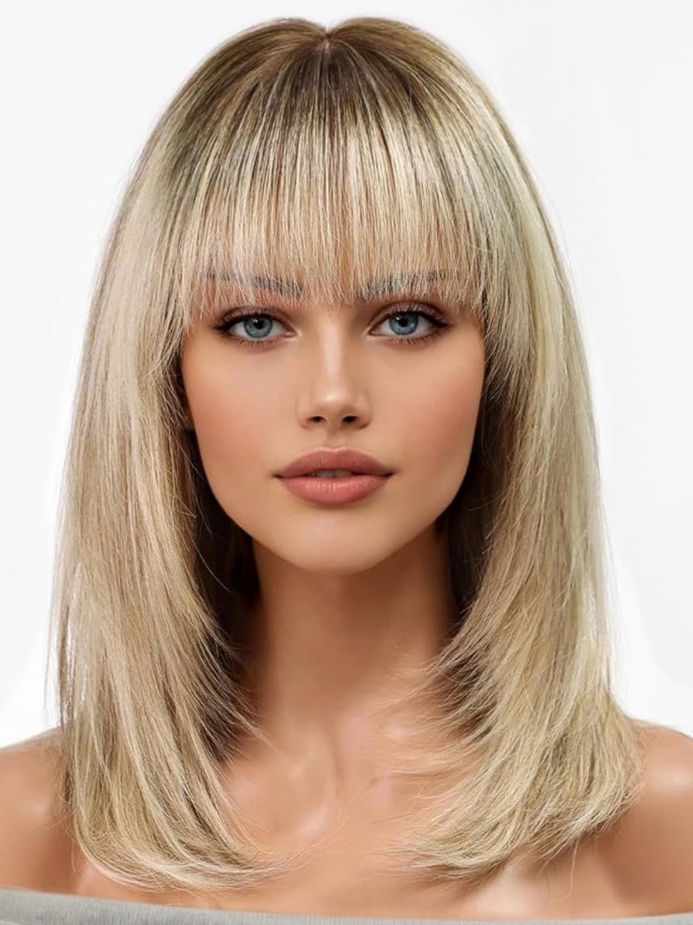 16 Inch Straight Ombre Blonde Brown Human Hair Wig for Women with Bangs Rooted